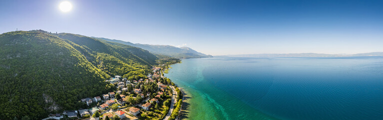 Panorama of Lagadin by Ohrid lake in North Macedonia in Summer 2022 - obrazy, fototapety, plakaty