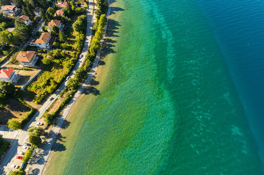 Aerial view of Lagadin village by Ohrid lake in North Macedonia in Summer