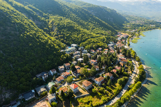 Aerial view of Lagadin village by Ohrid lake in North Macedonia in Summer
