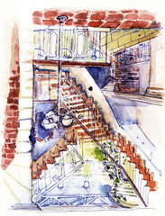 Illustration of the stairs in the interior of the cafe