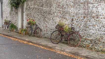 old bicycles usedas as flower stands leaning against a wall