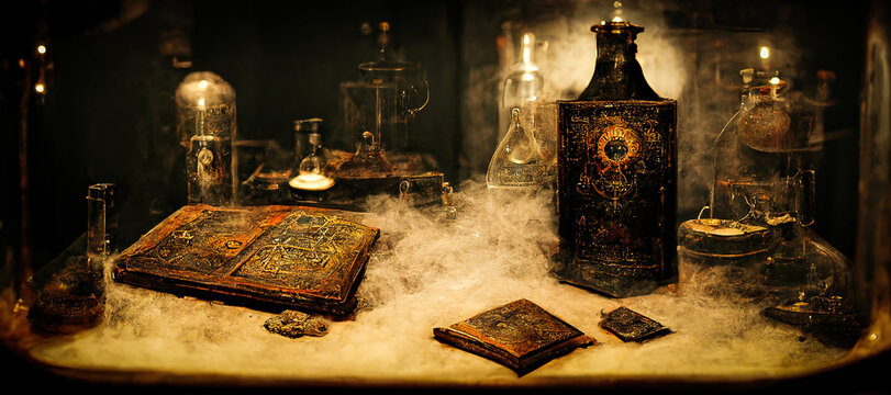Magic and alchemy accessories of a possibly satanic magician druid, in a haunted medieval castle for the preparation of magic potion
