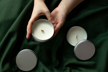 Soy candles in metal cans, handmade modern hobby , harmless coconut wax candles without paraffin on...