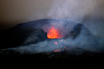 Lava erupts from the Geldingadalir eruption of the Fagradalsfjall tuya volcano in Iceland in June of 2021.