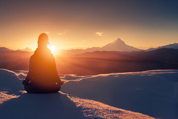 silhouette of meditating woman during sunset in the mountains