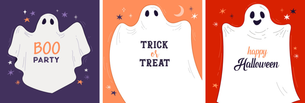 Elegant, Clean Halloween Cards With Cute Hand Drawn Ghosts, Banner, Social Media Post And Print. 