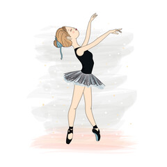 Cute female girl character with black tutu doing ballet exercises Vector