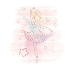 Sketch of a female ballet dancer on a watercolor background with stars Vector