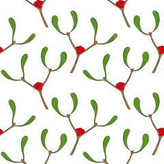 Mistletoe seamless pattern. Tree mistletoe branches seamless pattern for print, white background. Christmas decoration, flat cartoon style vector illustration