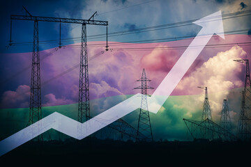 Rising up arrow against Germany flag and power line silhouette and stormy sky. Electricity price...