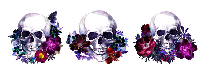 Beautiful skulls in black flowers set. Human dead heads and creepy blooming plants. Watercolor spooky collection in goth scary style for Halloween, Day of Death design - 529058424