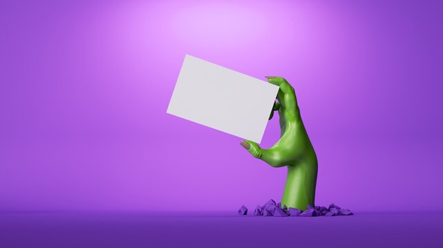 3d illustration, green zombie hand burst out of the ground, shows white blank card, halloween clip art isolated on purple background