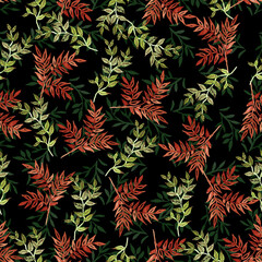 Naklejka na ściany i meble Seamless pattern with watercolor red and green leaves on black background. Print design for wallpapers, textile, fabric, wrapping gifts, ceramic tiles