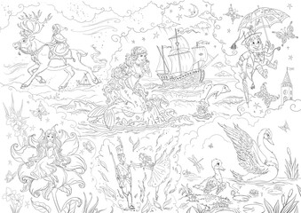 large coloring poster with famous fairytale scenes and characters of Hans Christian Andersen such as little mermaid, Ole Lukoie, Thumbelina, Ugly Duckling, Gerda, Tin Soldier - obrazy, fototapety, plakaty