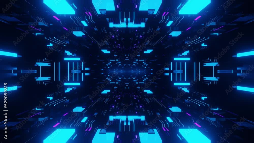 Aufkleber fly through symmetrical technology cyberspace with neon glow. sci-fi flight through hi-tech technolo