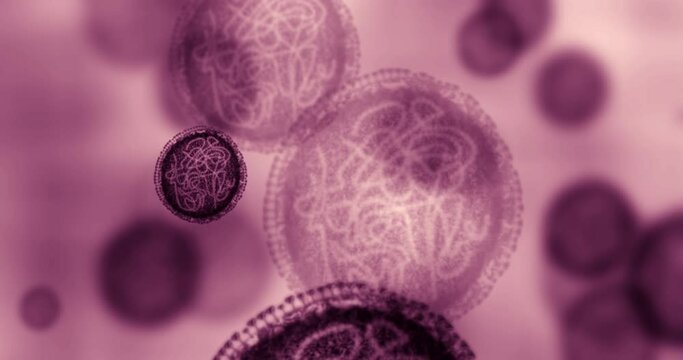 Bacteria, molecule and dna cell particles of a virus on a research medical science microscope focus. Biotechnology, cancer and genetics with hiv molecules in rna genetics, micro and blood membrane 3d