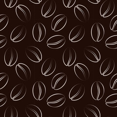 Seamless pattern with white outline coffee beans on dark brown background.