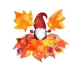 Autumn gnome on bunch of leaves with maple leaf in hands. Seasonal artistic design for season card. Cute fairy tale nordic dwarf. Watercolor illustration about fall