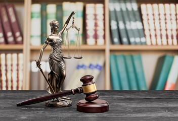 Legal office of lawyers, justice and law concept. Retro balance scale of justice on a desk in a...