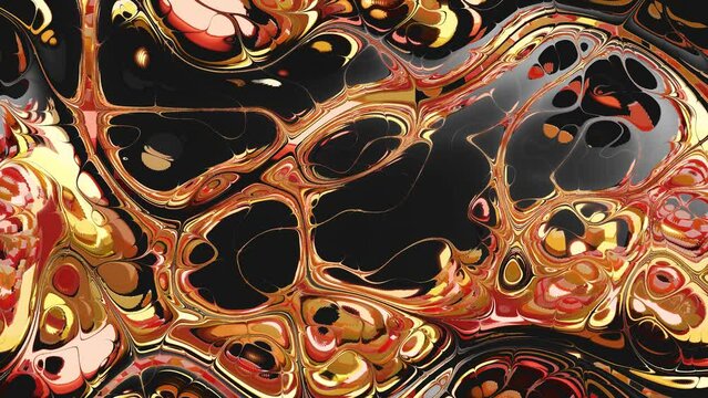 4k looped 3d bg. Abstract glossy liquid surface with beautiful pattern on it, displace noise texture. Top of view static camera. Abstract curly liquid gradient of color or paint. Distorted Texture.