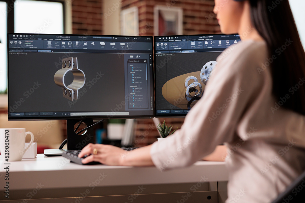 Poster asian developer working on gears engineering, using technical software to manufacture machine produc