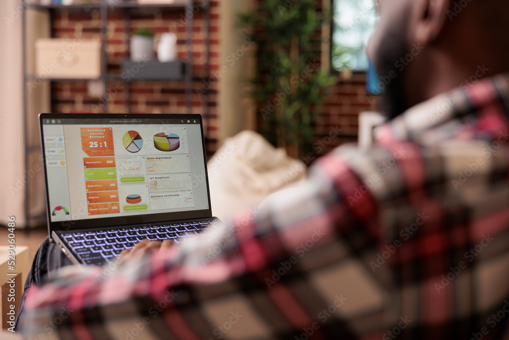Poster business man analyzing charts on laptop, working on remote startup job with management report and da