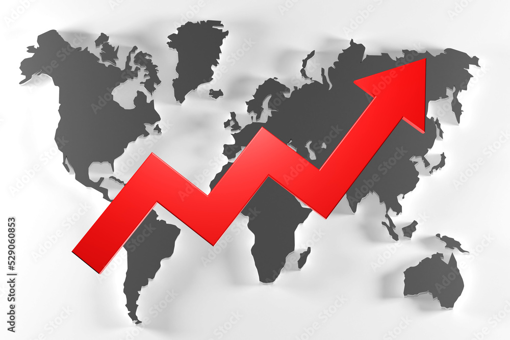 Aufkleber world map with growth graph. international map for infographics. red arrow up in front continents. c
