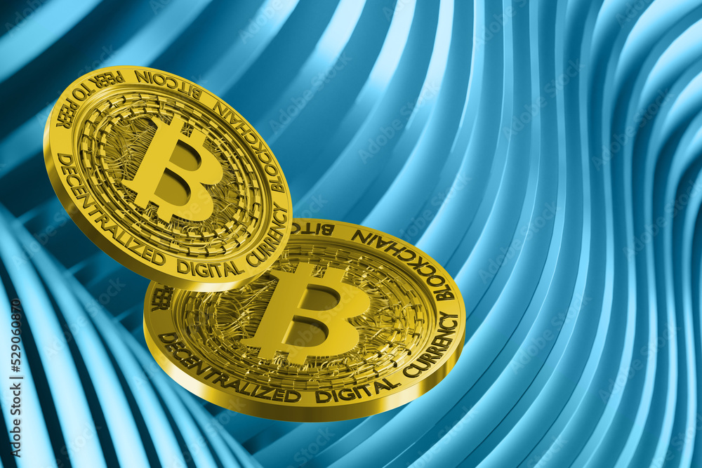 Poster bitcoin trading. gold coins you with bitcoin logo. sale of digital currency. bitcoin trading on cryp