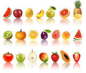 Fototapeta na wymiar Set of fresh fruits and vegetables. Watermelon, honey melon, peach, pear, grapefruit, kiwi, pumpkin, orange, plum, apple, grapefruit, kiwi, strawberry, papaya, mango, guava. Icons. Vector