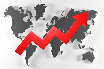 World map with growth graph. International map for infographics. Red Arrow up in front continents. Concept increasing population of planet. Infographic of growth global indicators on map. 3d image