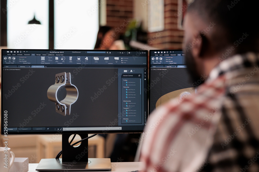 Poster cad engineer working with manufacturing software to develop industrial machinery and gears model. en