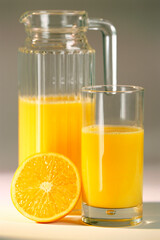 Obraz na płótnie Canvas Glass and jug of orange juice and a sliced orange