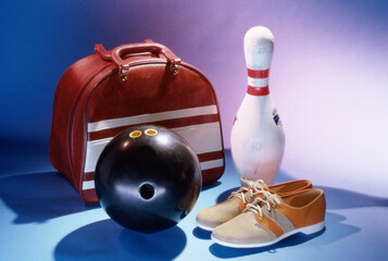 Bowling ball with a bowling pin and bowling shoes