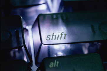 Close-up of the shift key on a computer keyboard