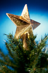 Close-up of a Christmas star on top of Christmas tree