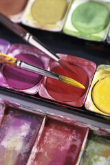 Close-up of paintbrushes over a color palette