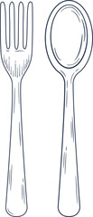 Vector fork and spoon, hand drawing illustration vintage style. Retro restaurant icon.