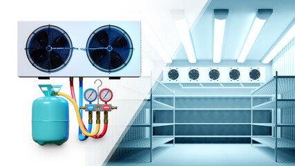 Coolant gas for refrigerators. Industrial refrigerators chambers. Coolant cylinder inside...