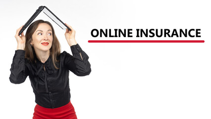 Online insurance. Woman covers head with laptop. Concept ordering insurance policy online. Registration in insurable program via Internet. Online insurance text on white. Girl with laptop isolated