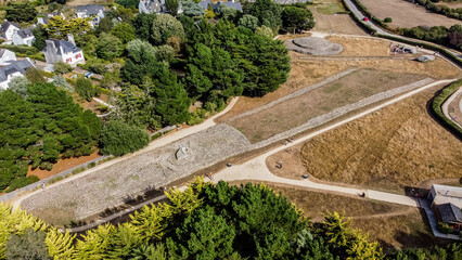 Aerial view of the Locmariaquer megalithic site near Carnac in Brittany, France - Prehistoric Er...