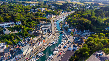 Aerial view of the marina of Le Palais on Belle-Île-en-Mer, the largest island of Brittany in...
