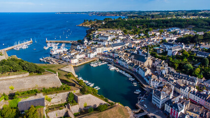 Aerial view of the marina of Le Palais on Belle-Île-en-Mer, the largest island of Brittany in Morbihan, France - Small island town in the Atlantic Ocean
