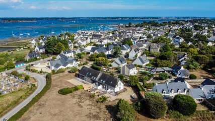 Aerial view of the seaside village of Locmariaquer near Carnac in Brittany, France - Residential...