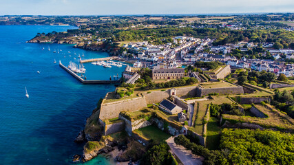 Aerial view of the Citadel of Le Palais built by Vauban on Belle-Île-en-Mer, the largest island of Brittany in Morbihan, France - Maritime fortification on a French island in the Atlantic Ocean - obrazy, fototapety, plakaty