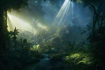 Fototapeta Dark rainforest, sun rays through the trees, rich jungle greenery. Atmospheric fantasy forest. 3D illustration. obraz