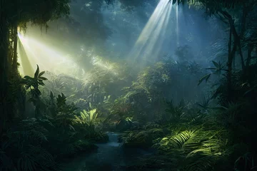 Foto op Canvas Dark rainforest, sun rays through the trees, rich jungle greenery. Atmospheric fantasy forest. 3D illustration. © MiaStendal