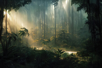Donker regenwoud, zonnestralen door de bomen, rijk junglegroen. Sfeervol fantasiebos. 3D illustratie.