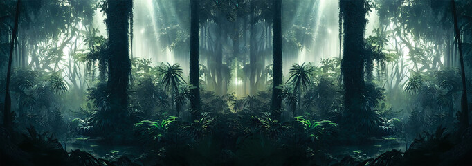 Obraz premium Dark rainforest, sun rays through the trees, rich jungle greenery. Atmospheric fantasy forest. 3D illustration.