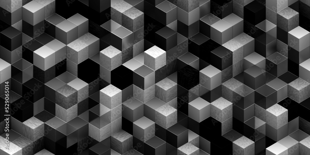 Poster seamless black, white and silver stacked isometric cubes background texture. tileable charcoal grey 