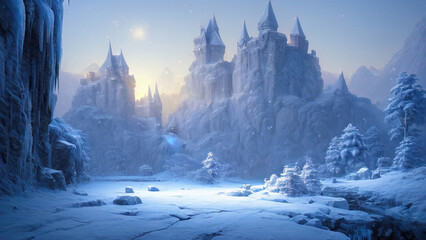 Ancient stone winter castle. Fantasy snowy landscape with a castle. Magical luminous passage, crystal portal. Winter castle on the mountain, winter forest. 3D illustration